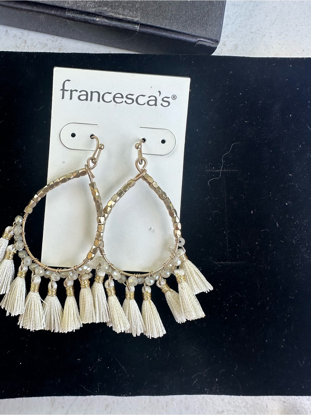 Francesca's Gold Hoop Earrings with Cream Tassels